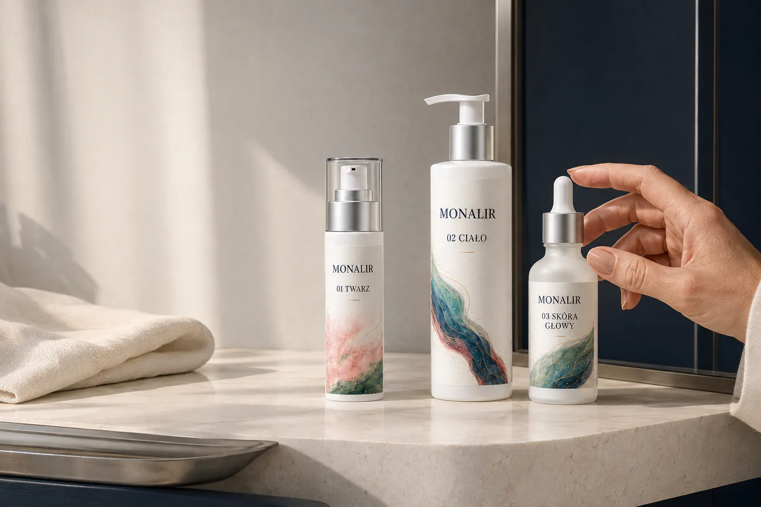 Dłoń sięgająca po zestaw trzech produktów MONALIR