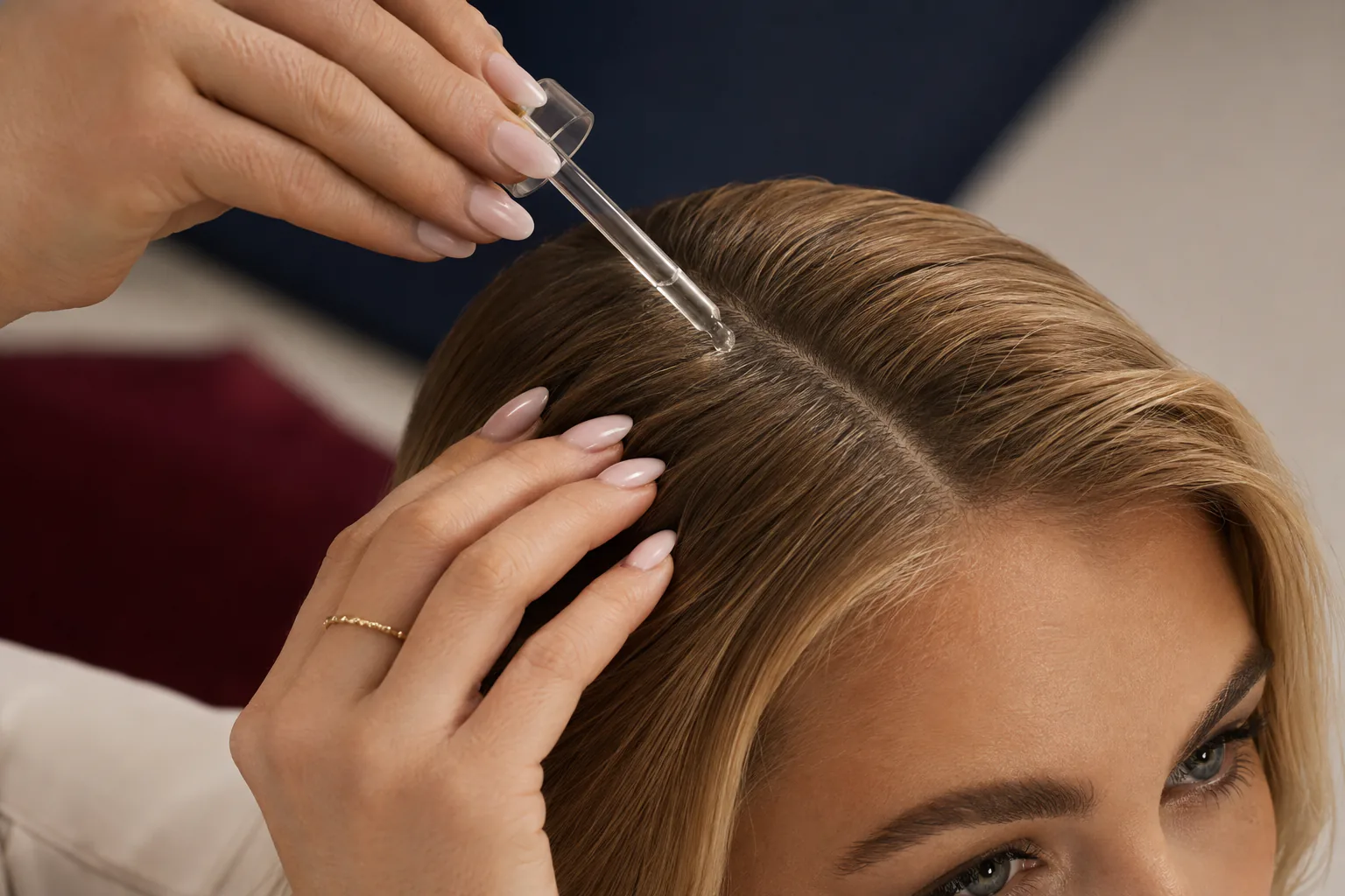 Blondynka aplikująca serum na przedziałek skóry głowy